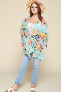 Plus Size Floral Printed Oversize Flowy And Airy Kimono With Dramatic Bell Sleeves
