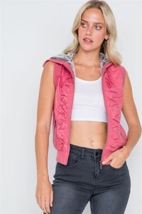 Pink Vegan Leather Shirred Faux Fur Lining Draw String Tie Hood Detail Vest