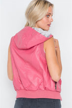 Load image into Gallery viewer, Pink Vegan Leather Shirred Faux Fur Lining Draw String Tie Hood Detail Vest
