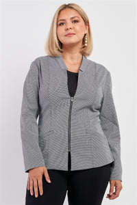 Plus Checkered Houndstooth Pattern Front Zipper Closure Jacket