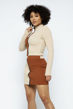 Load image into Gallery viewer, Rib Color Block Mock Neck Long Sleeve High-waist Mini Skirt With Front Zipper Set

