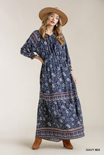 Load image into Gallery viewer, Paisley Print Smocked Ruffle Cuff Sleeve Elastic Waist Maxi Dress With Front String Tie
