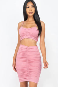 Ruched Crop Top And Skirt Sets