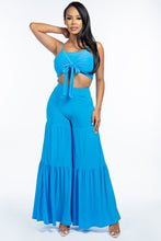 Load image into Gallery viewer, Solid Tie Front Spaghetti Strap Tank Top And Tiered Wide Leg Pants Two Piece Set
