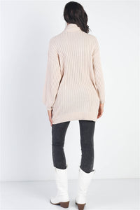 Ecru Cotton Blend Knit Ribbed Turtle Neck Sweater