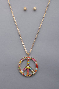 Peace Sign Floral Pattern Pendant Necklace