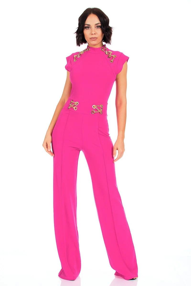 Eyelet With Chain Deatiled Fashion Jumpsuit