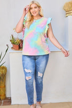 Load image into Gallery viewer, Plus Size Round Neck Ruffle Sleeve Front Pocket Tie Dye Knit Top
