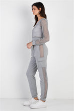 Load image into Gallery viewer, Heather Grey Contrast Fishnet Zip-up Top &amp; Pants Set
