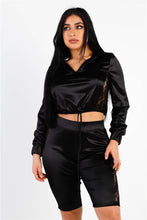 Load image into Gallery viewer, Satin Lace Details Long Sleeve Hooded Crop Top &amp; Biker Short Set
