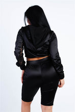 Load image into Gallery viewer, Satin Lace Details Long Sleeve Hooded Crop Top &amp; Biker Short Set
