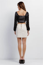 Load image into Gallery viewer, Black Cream Polka Dot Velvet Ruched Crop Top
