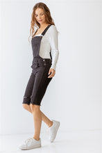 Load image into Gallery viewer, Black Denim Distressed Detail Raw Hem Cropped Bermuda Overall
