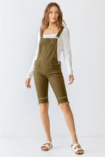 Load image into Gallery viewer, Olive Denim Distressed Detail Raw Hem Cropped Bermuda Overall
