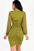 Load image into Gallery viewer, Ruched mesh long sleeve v-neck mini dress
