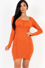 Load image into Gallery viewer, U-neck long sleeve ruched bodycon mini dress
