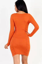 Load image into Gallery viewer, U-neck long sleeve ruched bodycon mini dress
