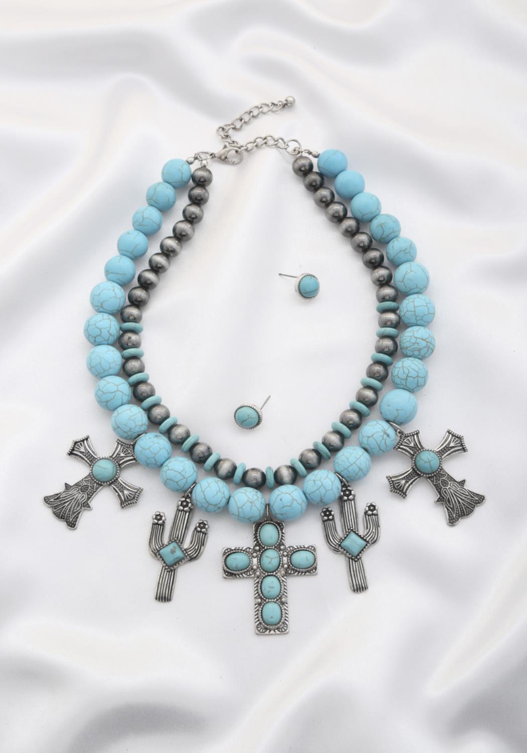 Rodeo western cross pendant beaded layered necklace