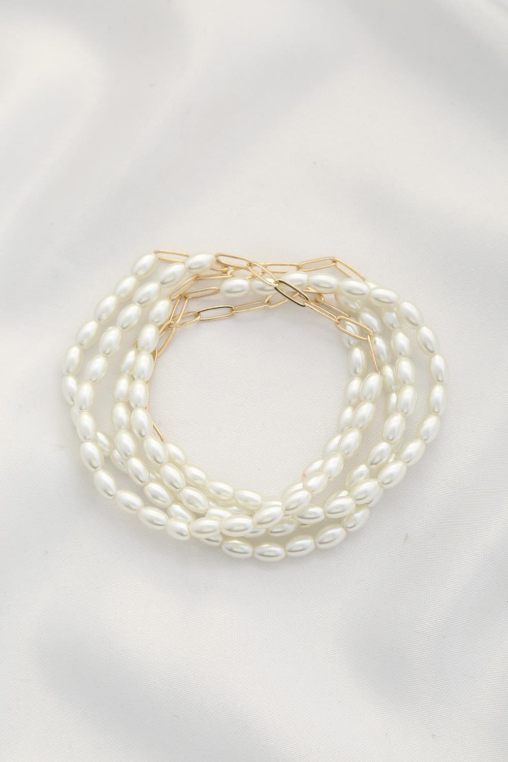 Pearl Bead Paperclip Link Bracelet Set